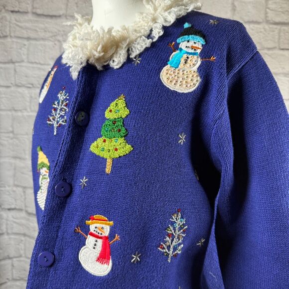 VTG Storybook Knits Snowman Wonderland Christmas Sweater Women's Small Cardigan - Picture 5 of 15